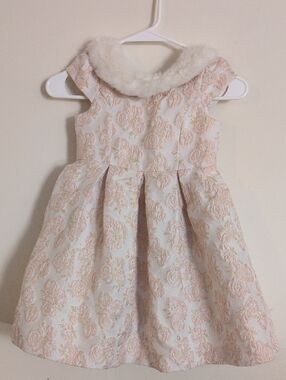 Janie and Jack Cream and Pink Floral Jacquard Dress with Faux Fur Collar